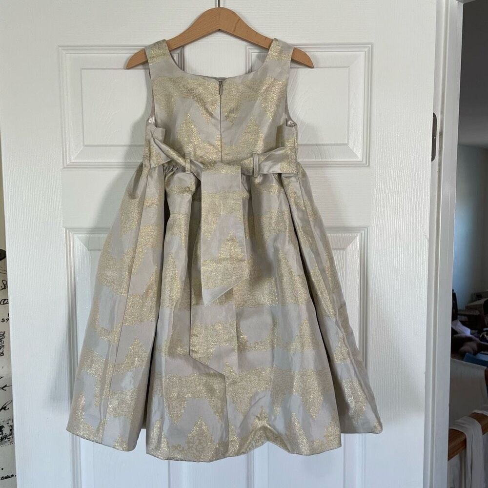Monsoon Little Girls Damask Occasion Dress Puffy Silver/Gray and Gold Size 7/8 - Picture 3 of 15